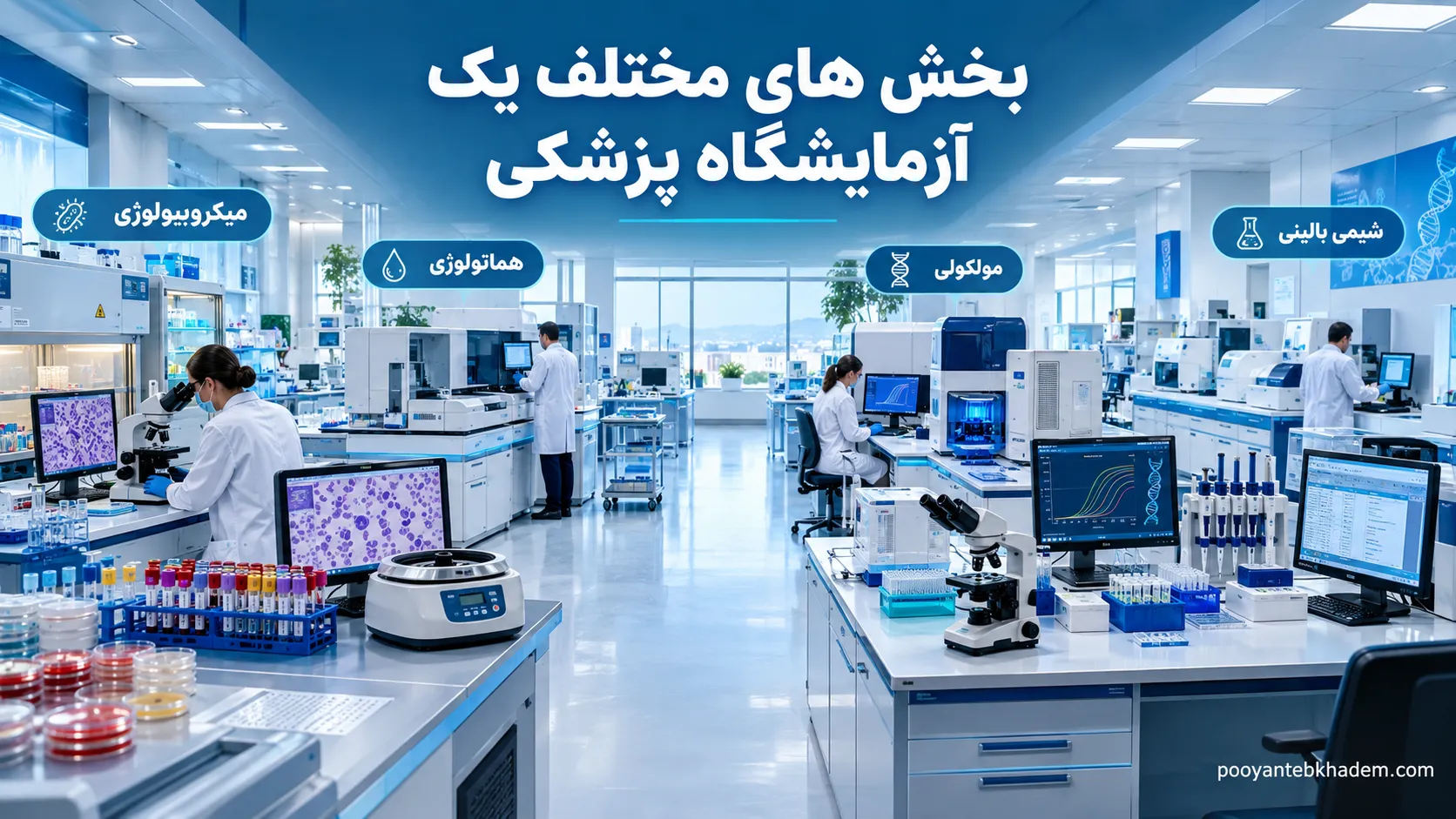 فضای داخلی مدرن و بخش‌های مختلف یک آزمایشگاه پزشکی تشخیص طبی